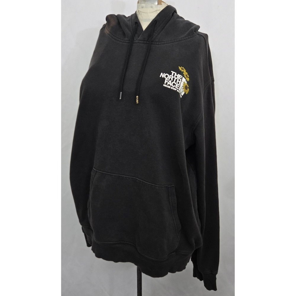 The North Face Sunflower Floral Graphic Hoodie L‎ Black Acid Wash DISTRESSED